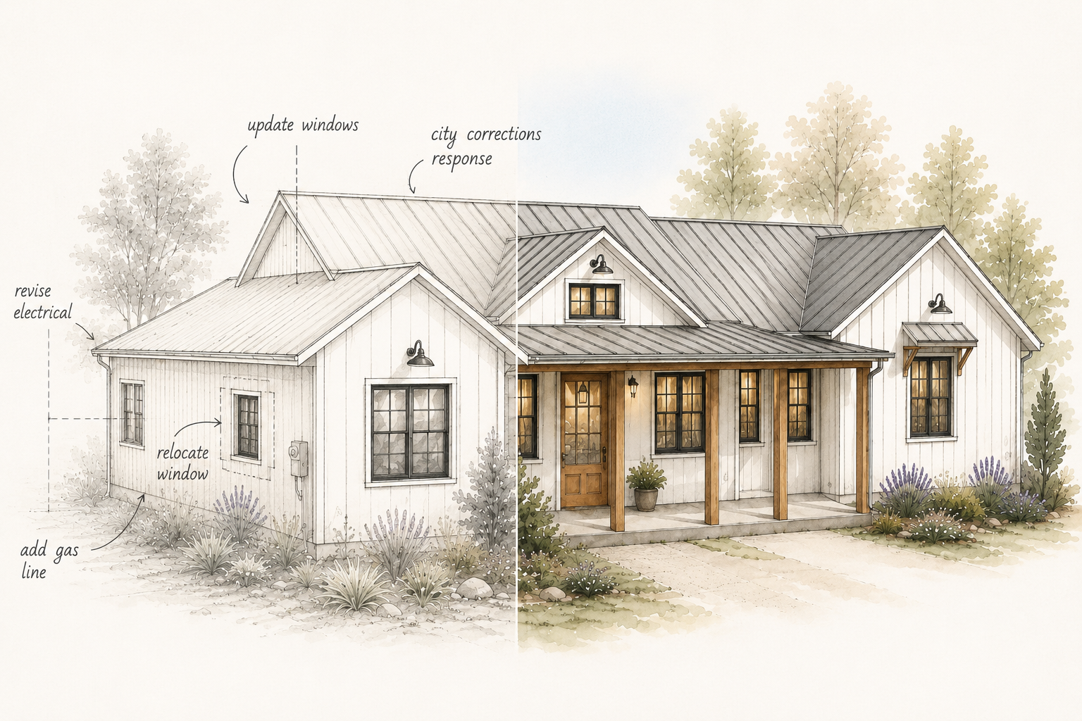 Permit corrections illustration — plan sketch to finished remodel, Arch Design by B
